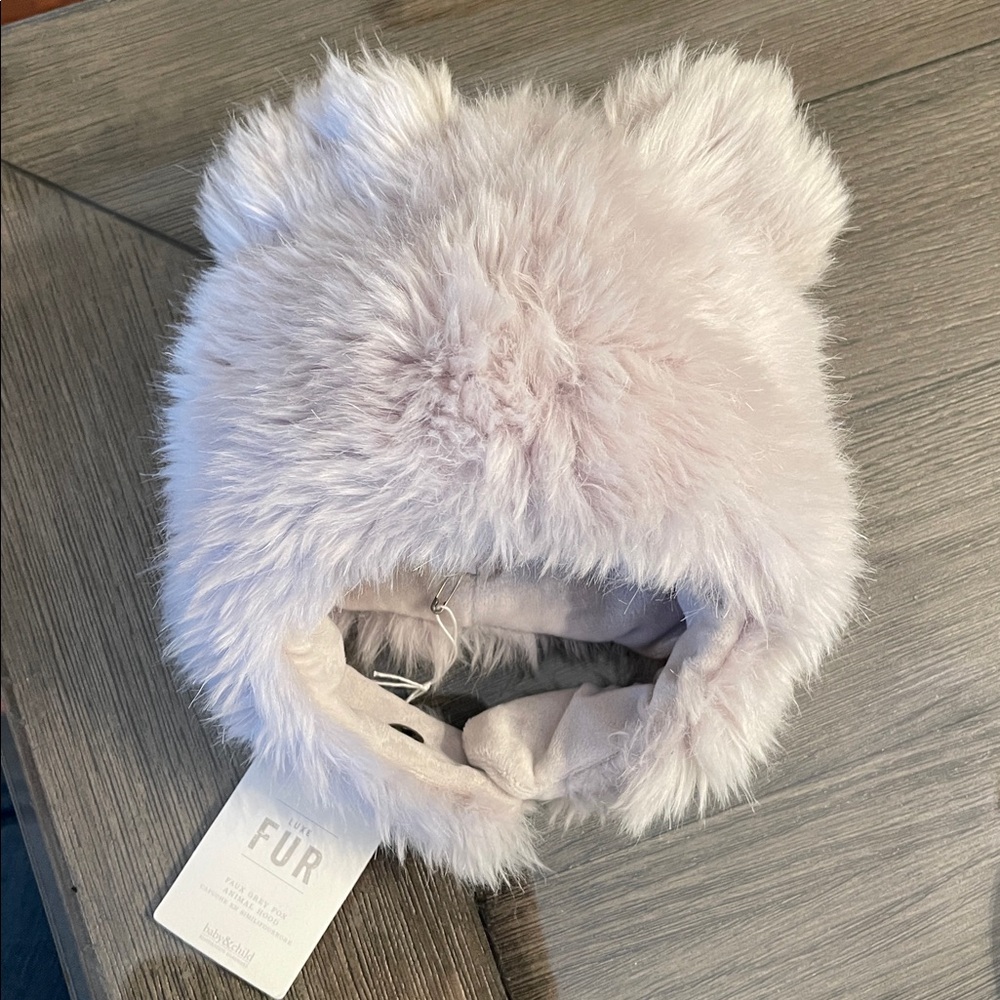 Restoration Hardware LUXE Fur Baby Animal Hood - Grey - 12 Months NWT